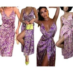 New Zara Lavender Paisley Satin Effect Print Slip Wrap Dress Large 8449/187